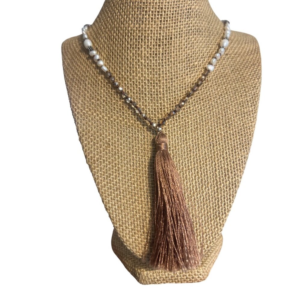 Kelitch Glass Bead Pearl Necklace Knotted 3.5" Tassel Rose Gold 34" Long Faceted